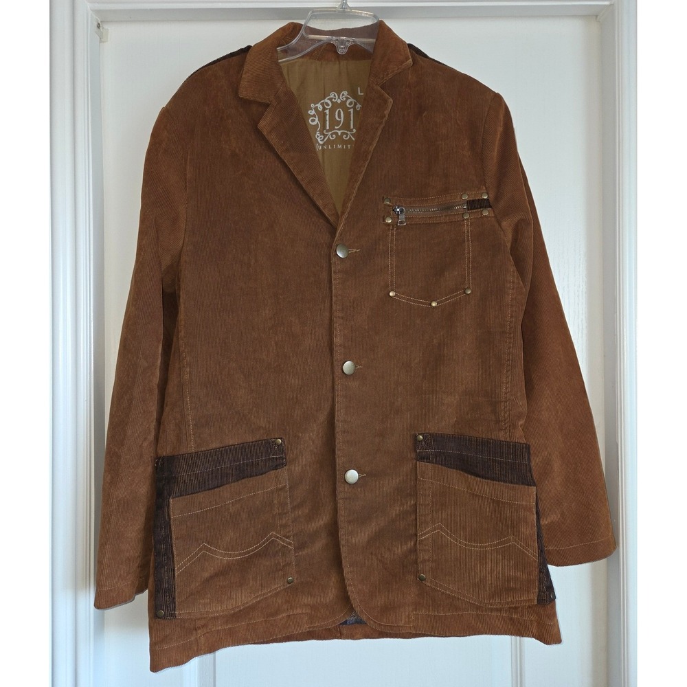VTG 191 Unlimited Brown Corduroy Sport Chore Barn Jacket Coat Back Design Sz L